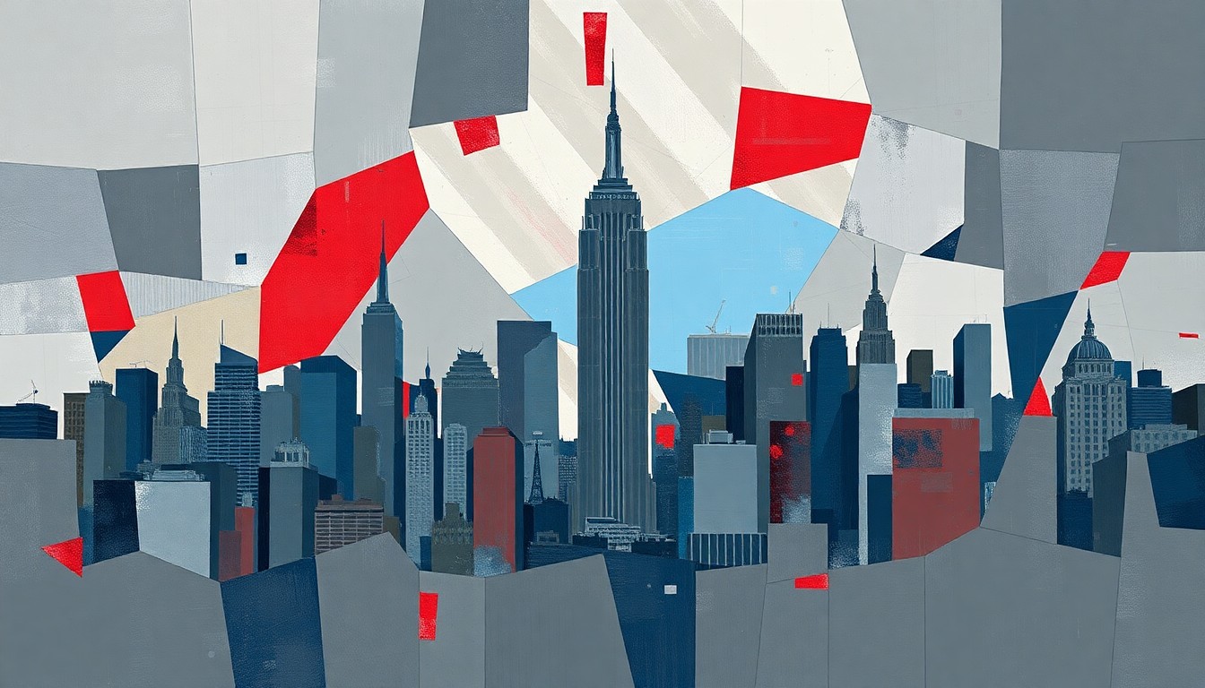 A dynamic, fragmented painting of the New York City skyline in shades of gray, blue, and red, capturing the sense of political and economic upheaval in the city.