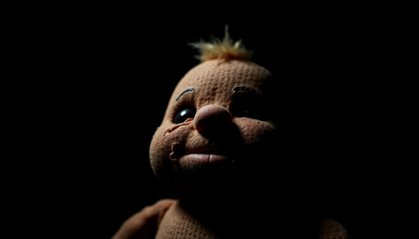 An extreme close-up photograph of a worn, damaged child's toy lit by a harsh, direct camera flash against a pitch-black background, conveying a sense of vulnerability and the aftermath of abuse.