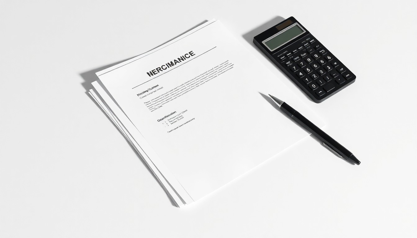 A high-end, photorealistic studio still-life photograph featuring a stack of financial documents, a calculator, and a pen arranged elegantly on a clean, white background, conceptually representing the abstract concepts of corporate finance, valuation, and strategic business decisions.