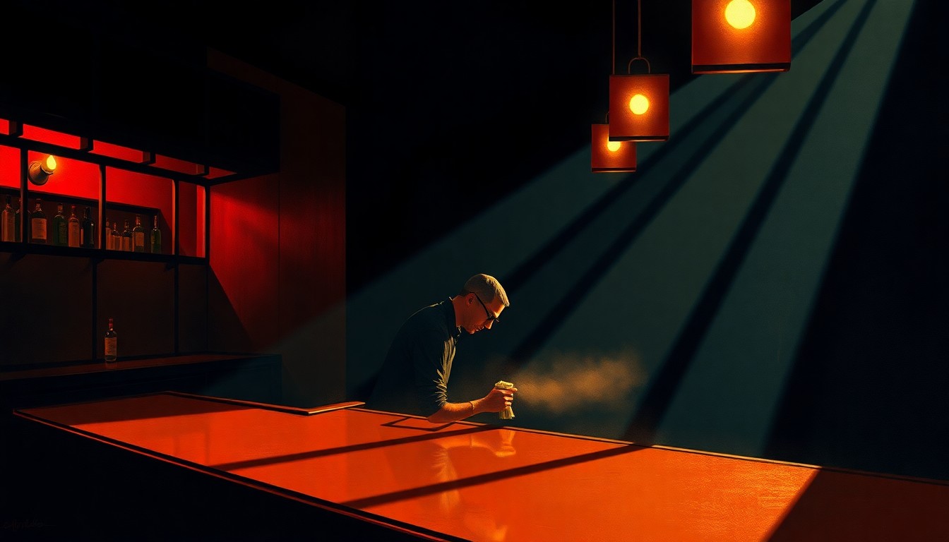 A dimly lit, cinematic painting of a bartender wiping down a bar counter, with warm sunlight and deep shadows creating a nostalgic, contemplative mood.