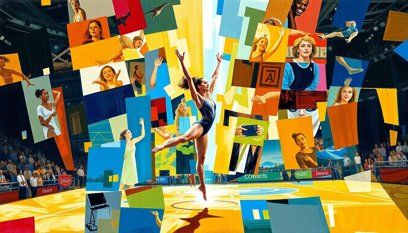 A fragmented, geometric painting depicting the fluid motions and energy of a women's gymnastics competition, with overlapping planes of color and form.