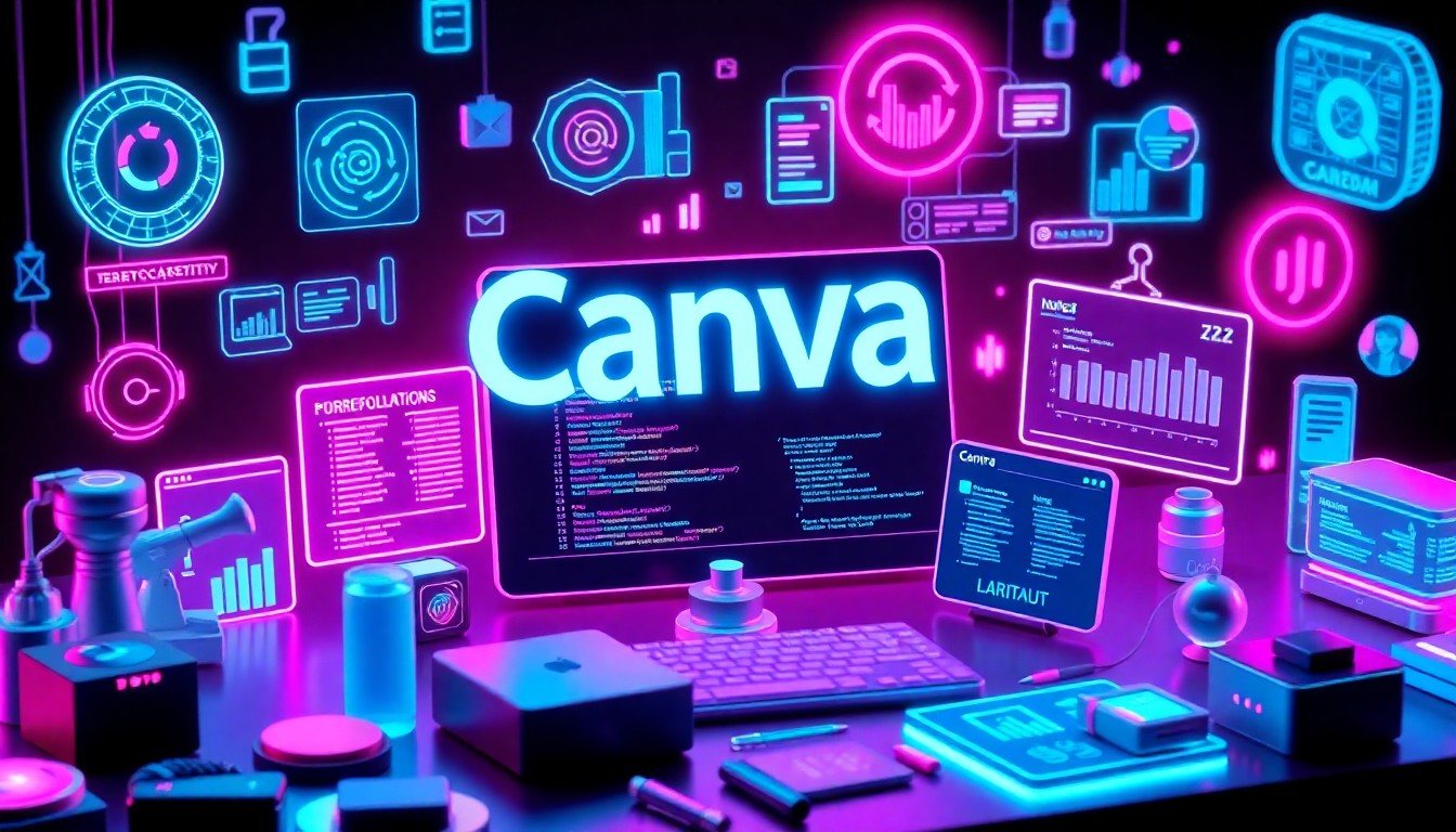 A highly detailed, glowing 3D illustration of various Canva design tools and workflow integrations, including data visualizations, code snippets, and collaborative interfaces, all illuminated by vibrant neon lights, conceptually representing the platform's new AI-powered capabilities.