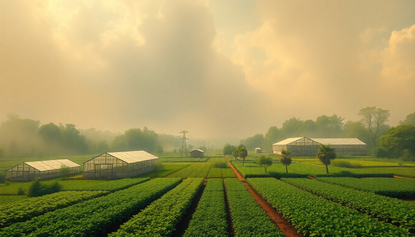 A sweeping, atmospheric landscape painting depicting a lush, verdant urban farm oasis surrounded by a hazy, oppressive heat haze, conveying the resilience of small-scale agriculture in the face of extreme weather conditions.