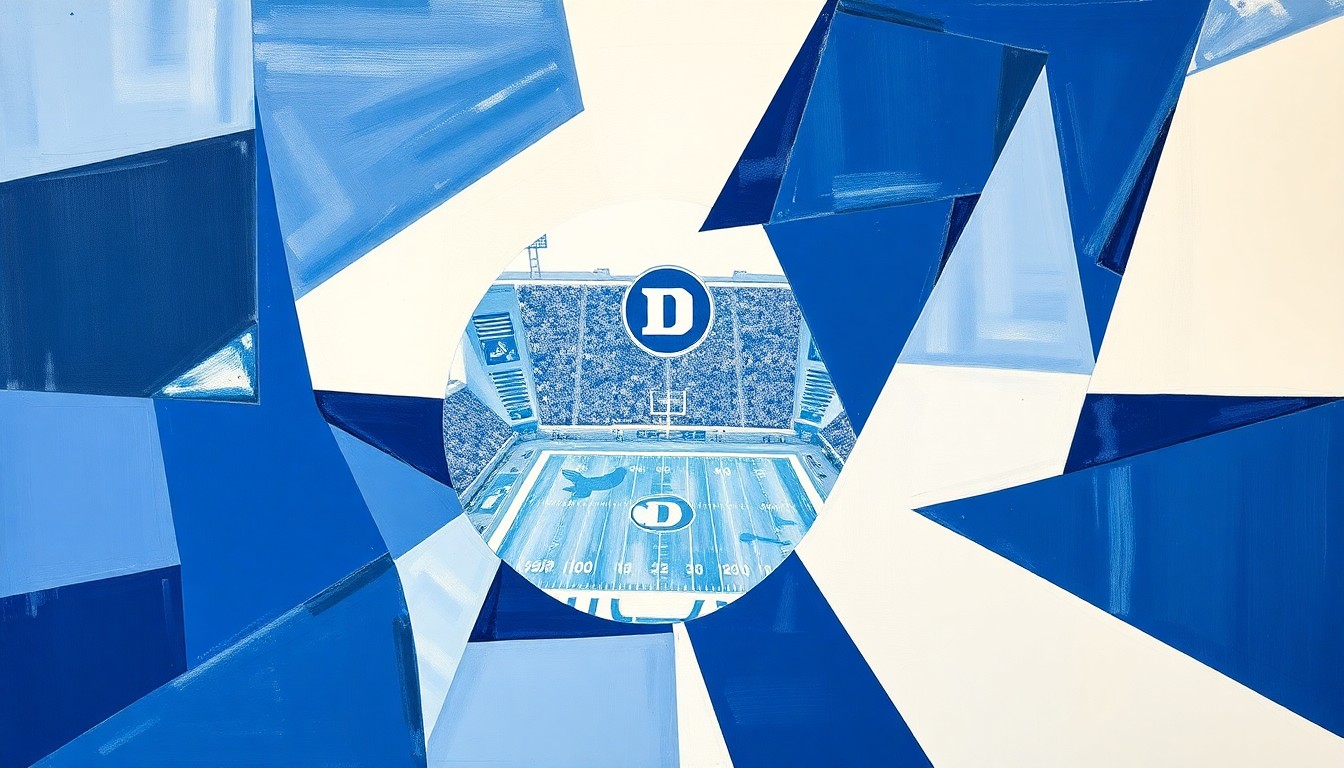 A cubist, geometric painting featuring overlapping planes of Duke's blue and white colors, conceptually representing the strategic elements of a college football game.