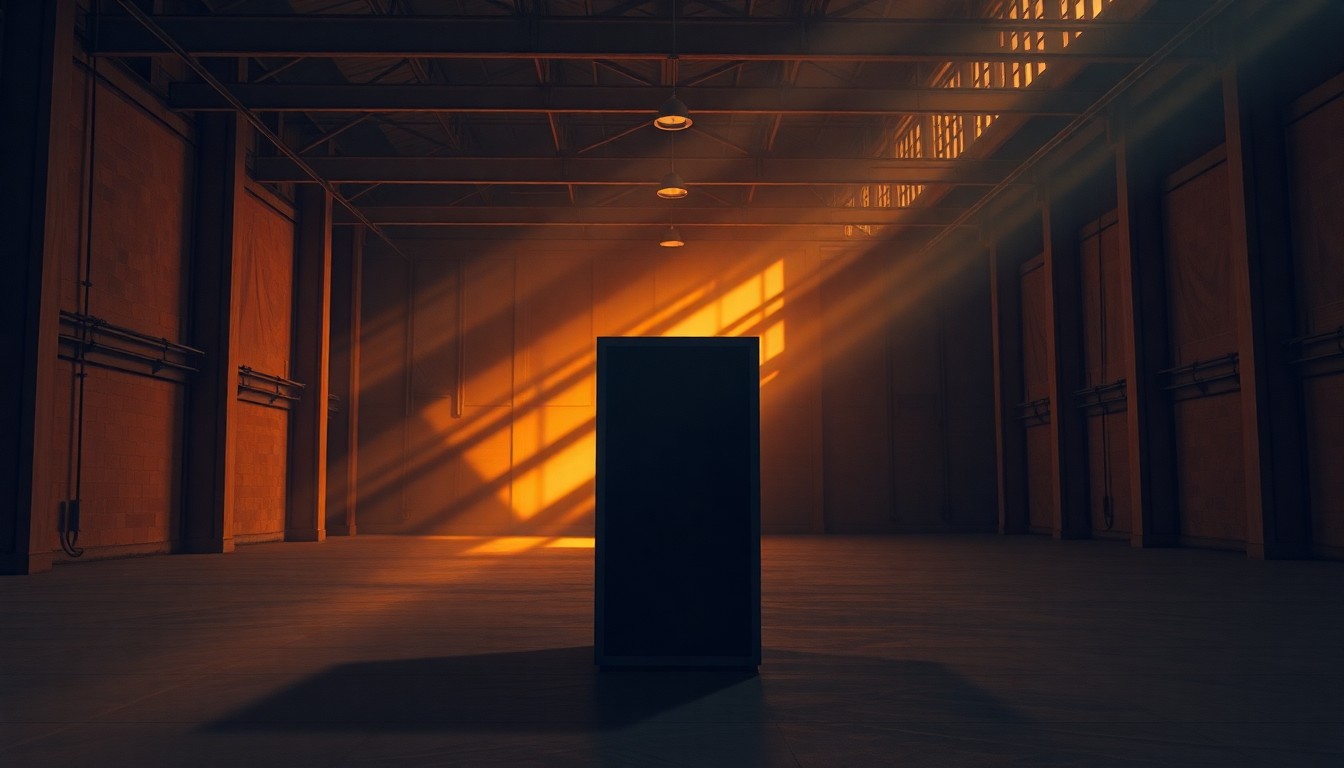 A close-up view of a solitary, dimly lit data server rack standing alone in an empty, cavernous industrial space, with warm, diagonal sunlight and deep shadows creating a cinematic, nostalgic mood.
