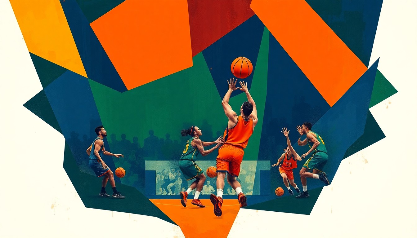 A cubist, geometric painting depicting the abstracted forms of basketball players in motion, with overlapping planes of navy, green, and orange conveying the energy and intensity of the game.