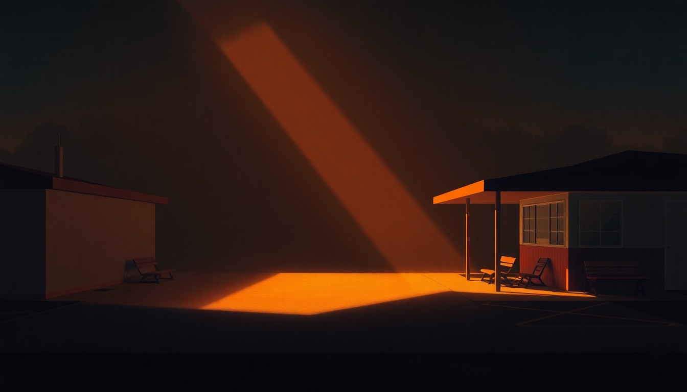 A serene, cinematic painting of a childcare facility with warm sunlight streaming through the windows, creating deep shadows and a contemplative mood, conceptually representing the mayor's initiative to make childcare accessible to all.