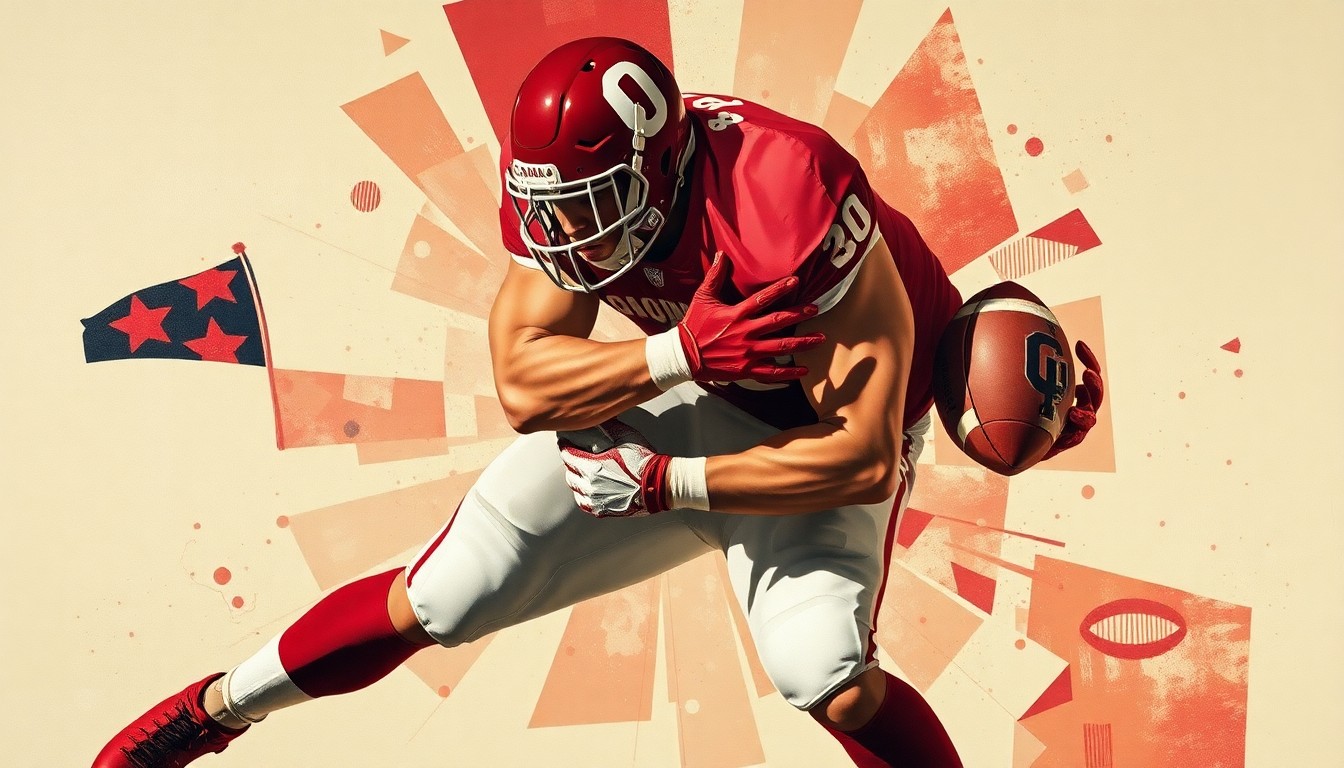A cubist, geometric painting depicting a football player in an Oklahoma Sooners uniform making a tackle, the player's form broken into sharp, overlapping planes of crimson red and cream.