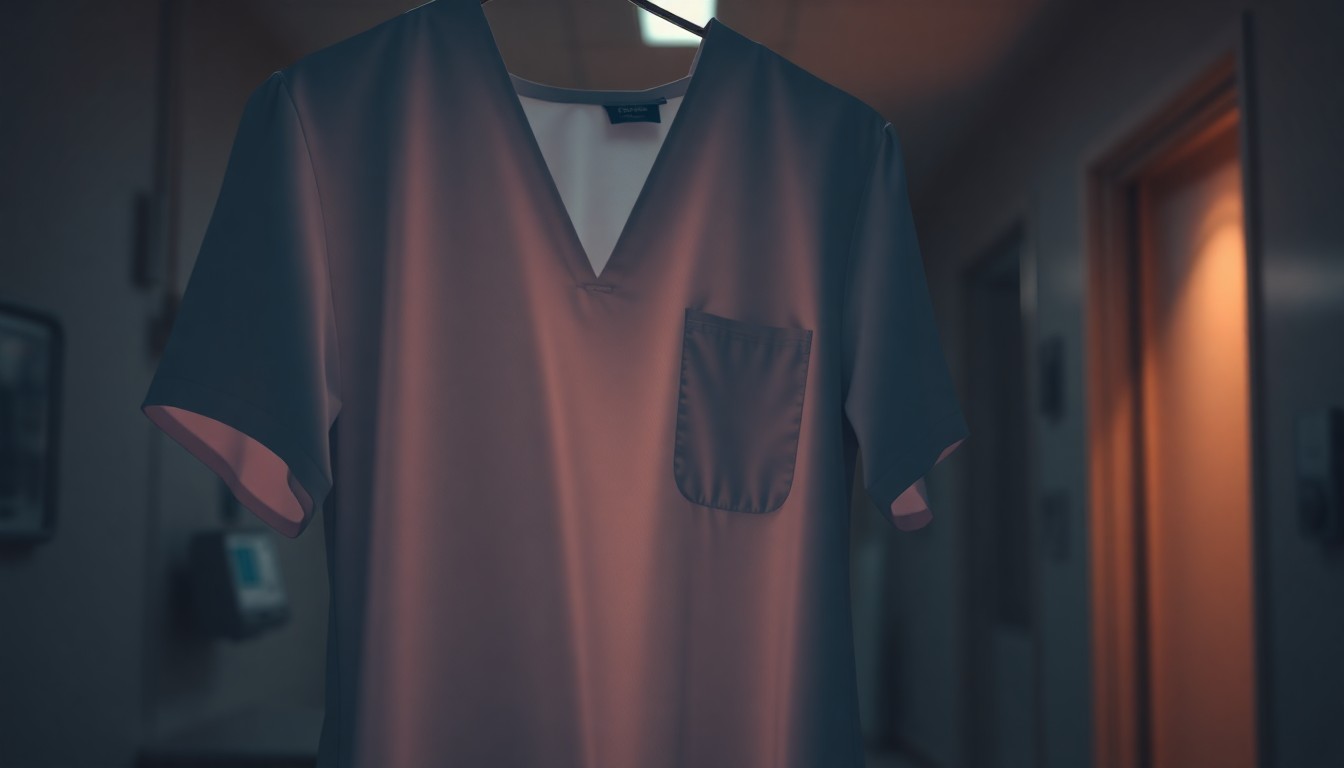 A hazy, out-of-focus photograph of a nurse's uniform hanging in a dimly lit room, the fabric bathed in a warm, ethereal light that evokes a sense of quiet reflection on the life and legacy of a beloved caregiver.