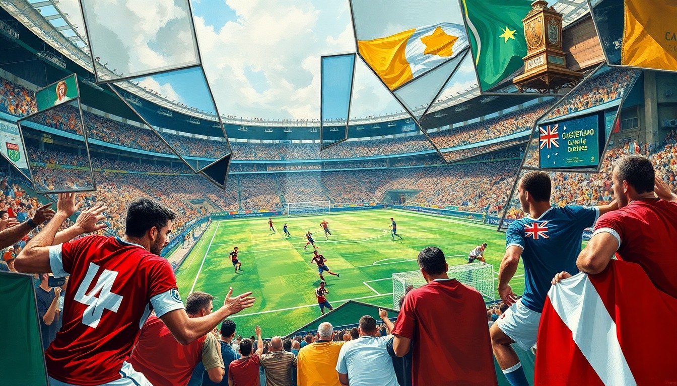 A fragmented, geometric painting depicting a soccer match between two national teams, with players and the field broken down into sharp, overlapping planes of color and shape.