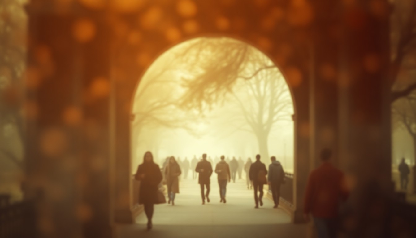 An abstract, out-of-focus scene of people walking through the ornate archways of Green-Wood Cemetery, with the details blurred into soft pools of warm color and light.