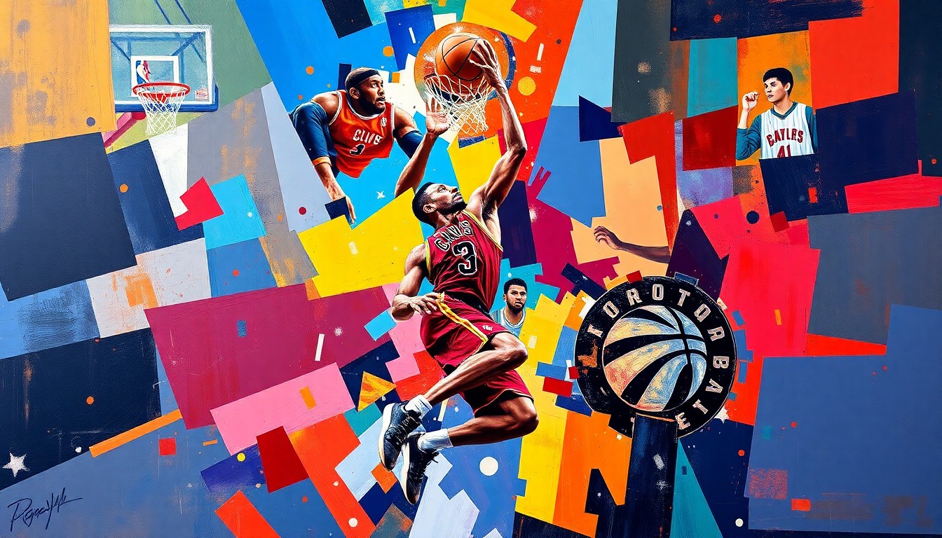 A fractured, cubist-style painting depicting a basketball player driving to the hoop, with the player's body broken down into sharp, overlapping geometric shapes in the team colors of the Cleveland Cavaliers and Toronto Raptors.