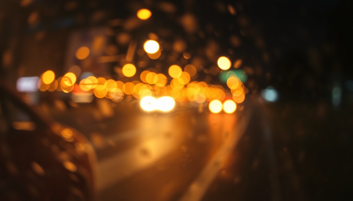 An impressionistic, blurred image of a wet, reflective road surface at night, conveying a sense of the atmospheric setting and infrastructure challenges faced by the community.