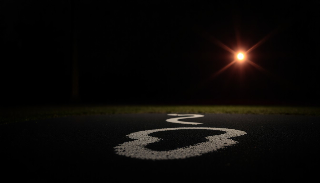 An extreme close-up photograph of a police evidence marker on the ground in a dimly lit park setting, lit by a harsh, direct camera flash against a pitch-black background, conceptually illustrating the investigation into an unexpected death in a public space.