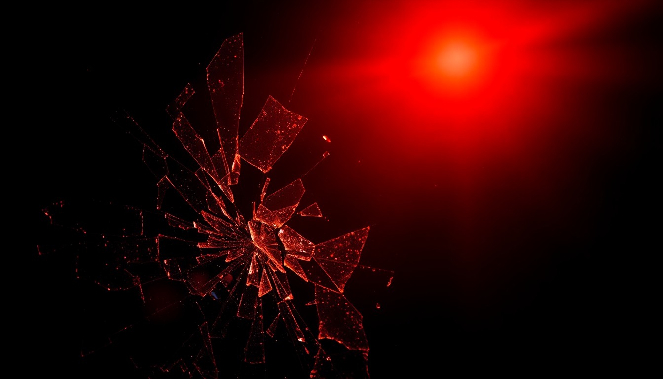 An extreme close-up photograph of shattered glass reflecting a harsh, direct camera flash, conceptually representing the stark, investigative nature of an unsolved crime.