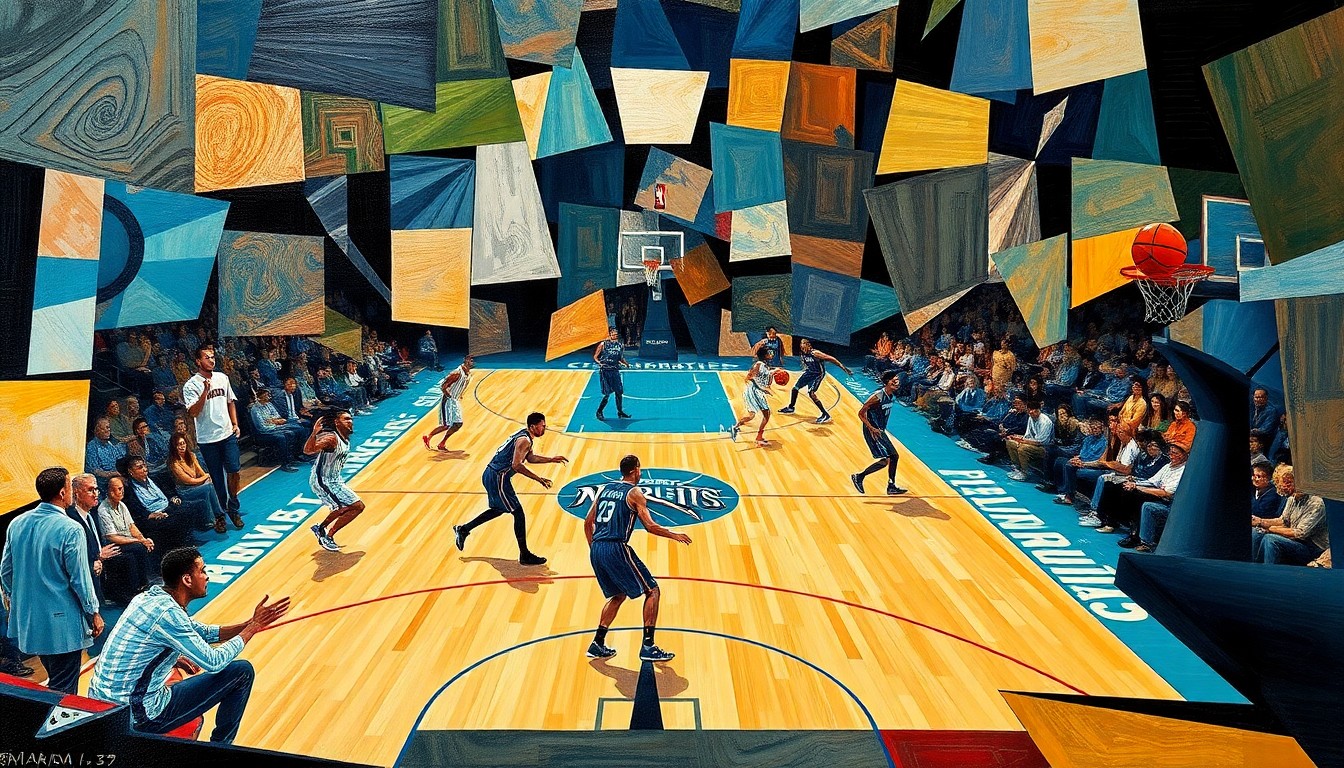 A fractured, geometric painting depicting a basketball game, with players' figures and the court deconstructed into sharp, overlapping planes of color and shape, conveying the dynamic action and tension of the playoff-clinching contest.