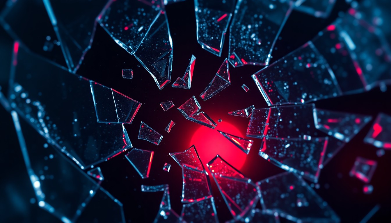 An extreme close-up photograph of shattered glass reflecting a faint red light, conveying the visceral and unforgiving nature of human conflict.
