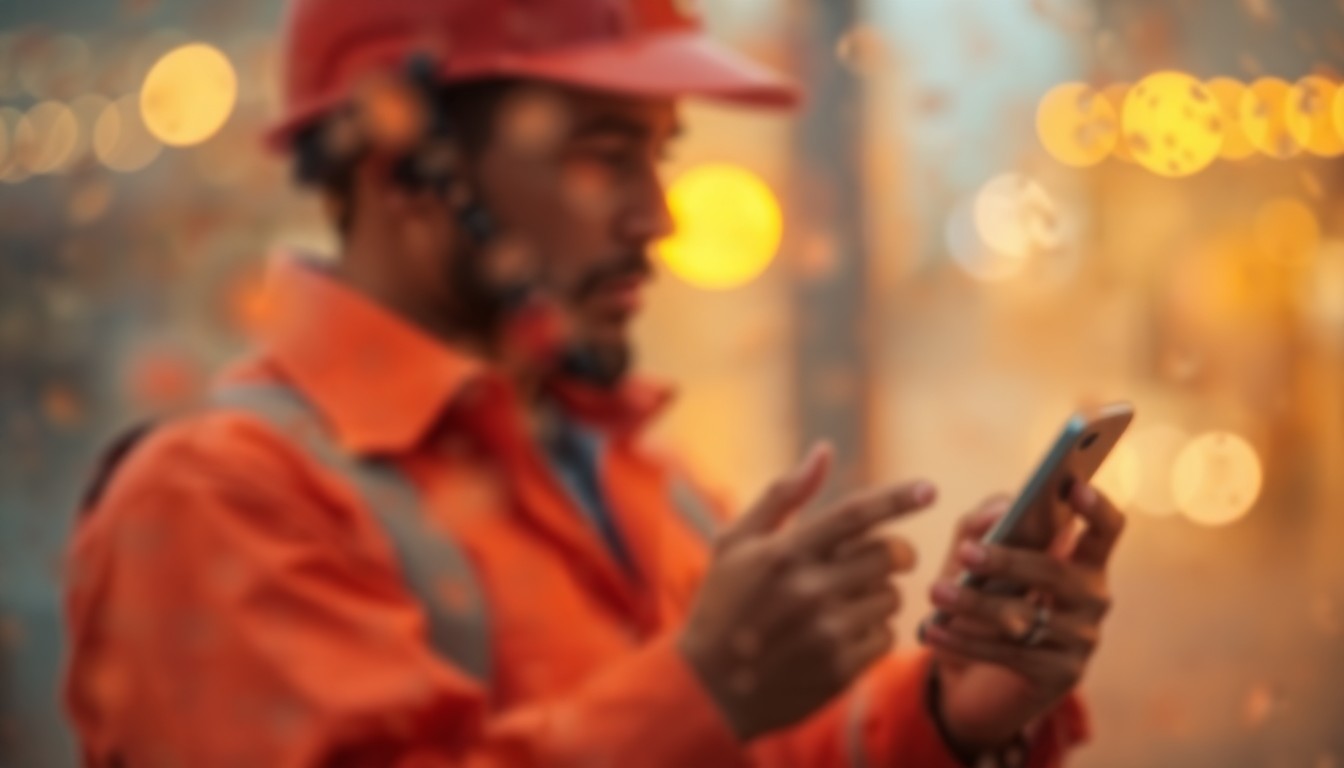 An abstract, impressionistic image of a blurred utility worker using a smartphone, captured through a rain-streaked window in soft, warm tones, conceptually representing the transition to digital customer service tools.