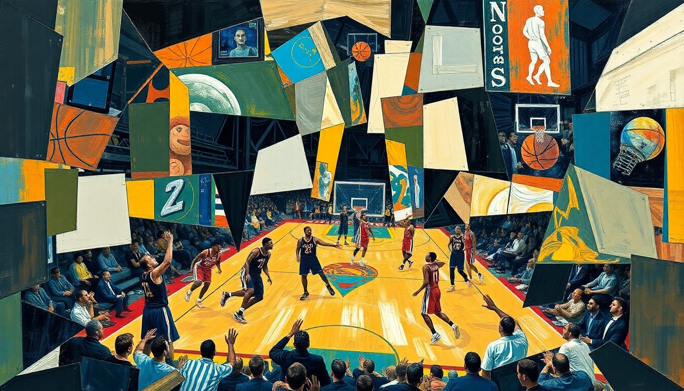 A cubist, geometric painting depicting a basketball game or playoff action, with sharp, overlapping planes of color and form representing the dynamic energy and strategic complexity of the sport.