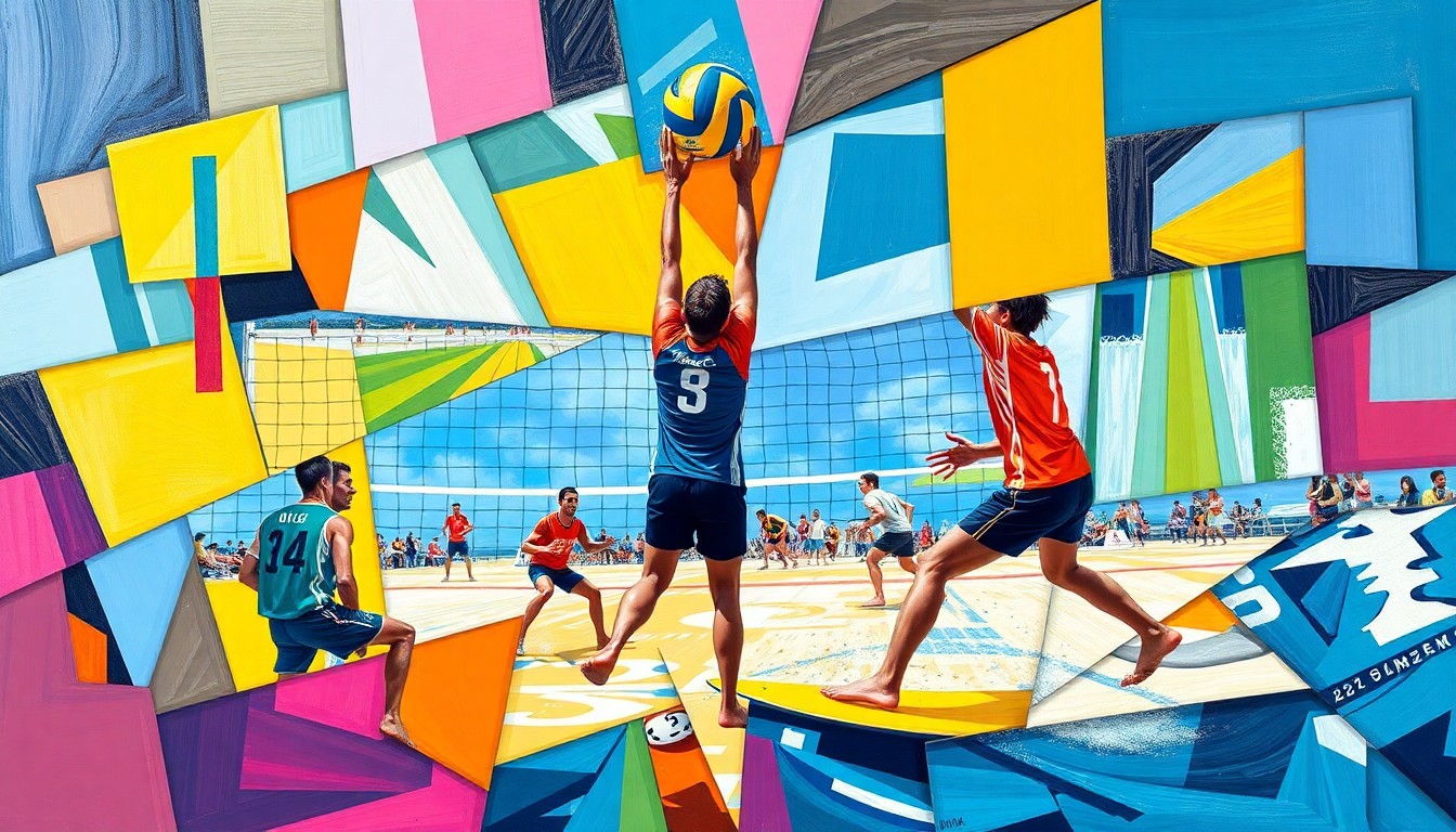 A cubist, geometric painting depicting fragmented, overlapping perspectives of a volleyball match or surfing competition, with vibrant colors representing the sports equipment and uniforms of the athletes.