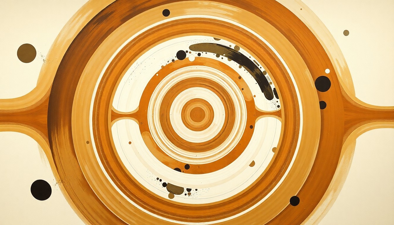 A highly structured abstract painting in muted earthy tones, featuring sweeping geometric arcs, concentric circles, and precise spirals, conceptually representing the complex forces and systems that enabled the Artemis II mission to the moon and back.