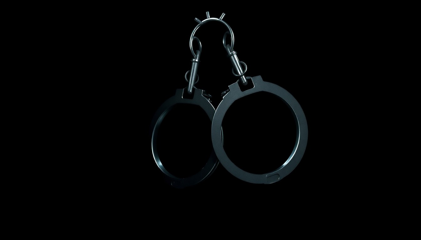 An extreme close-up photograph of a pair of metal handcuffs against a dark background, conveying a sense of investigative tension and the gravity of the legal issues at stake.