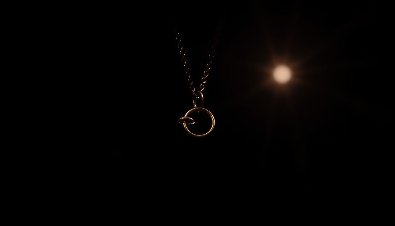 An extreme close-up photograph of a necklace clasp against a stark black background, capturing the gritty, investigative nature of the crime scene evidence.