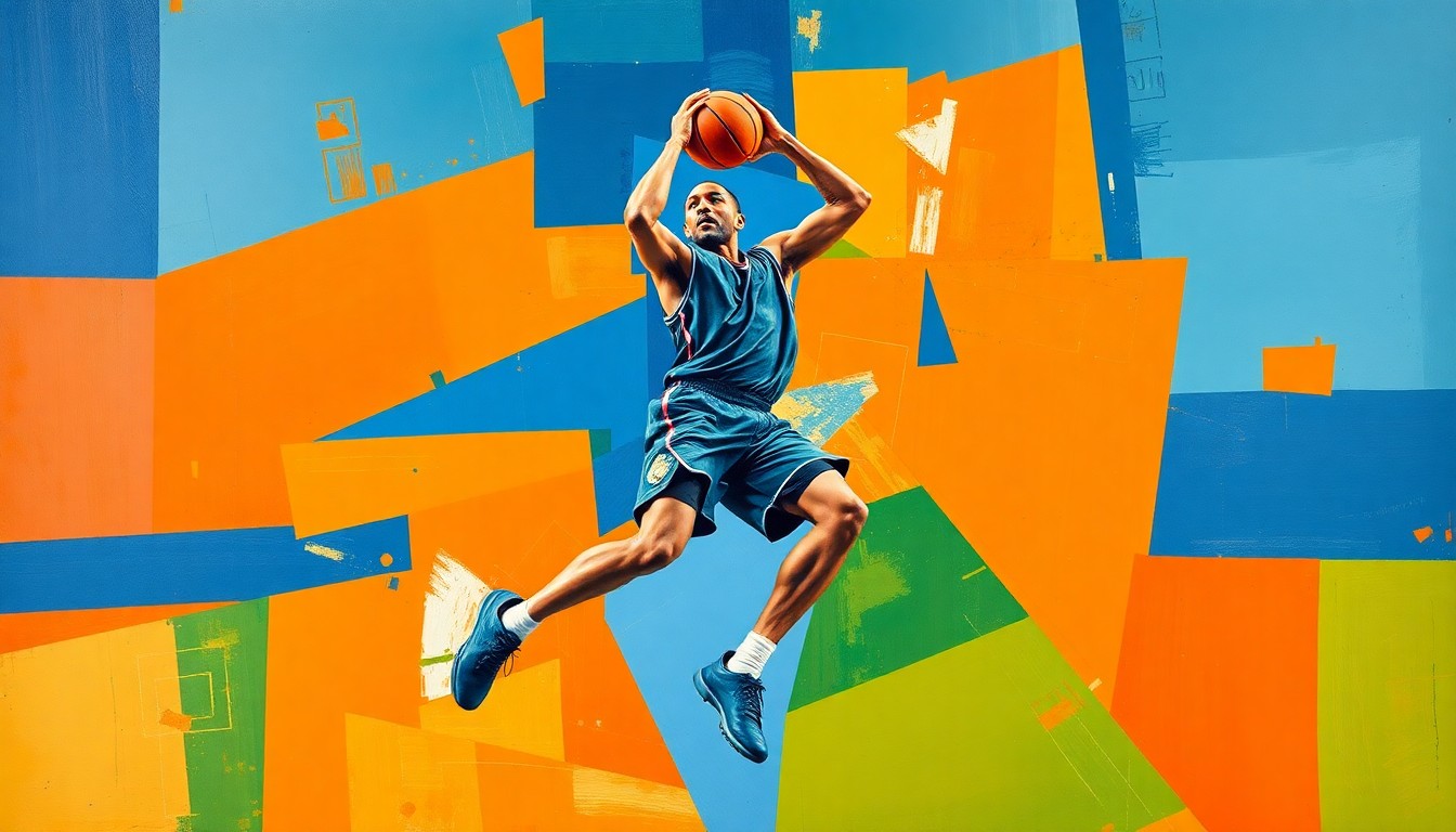 A fragmented, geometric painting depicting a basketball player in motion, with sharp planes of color and overlapping perspectives capturing the dynamism of the game.