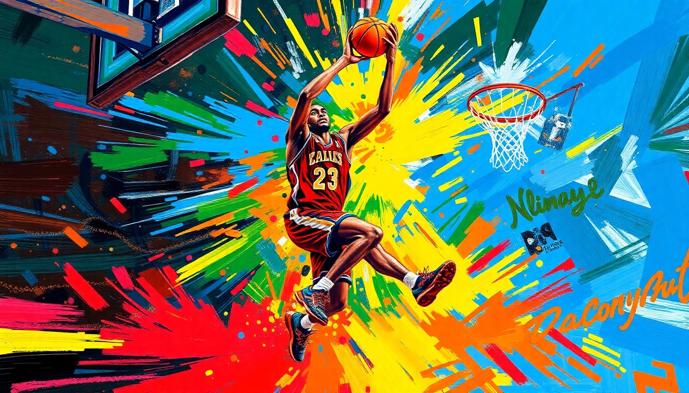 An abstract, energetic painting using vibrant neon colors and rapid brushstrokes to depict the dynamic movement of a basketball player driving to the hoop, conveying the raw athletic energy and emotional journey of Olivia Miles' path to the WNBA.