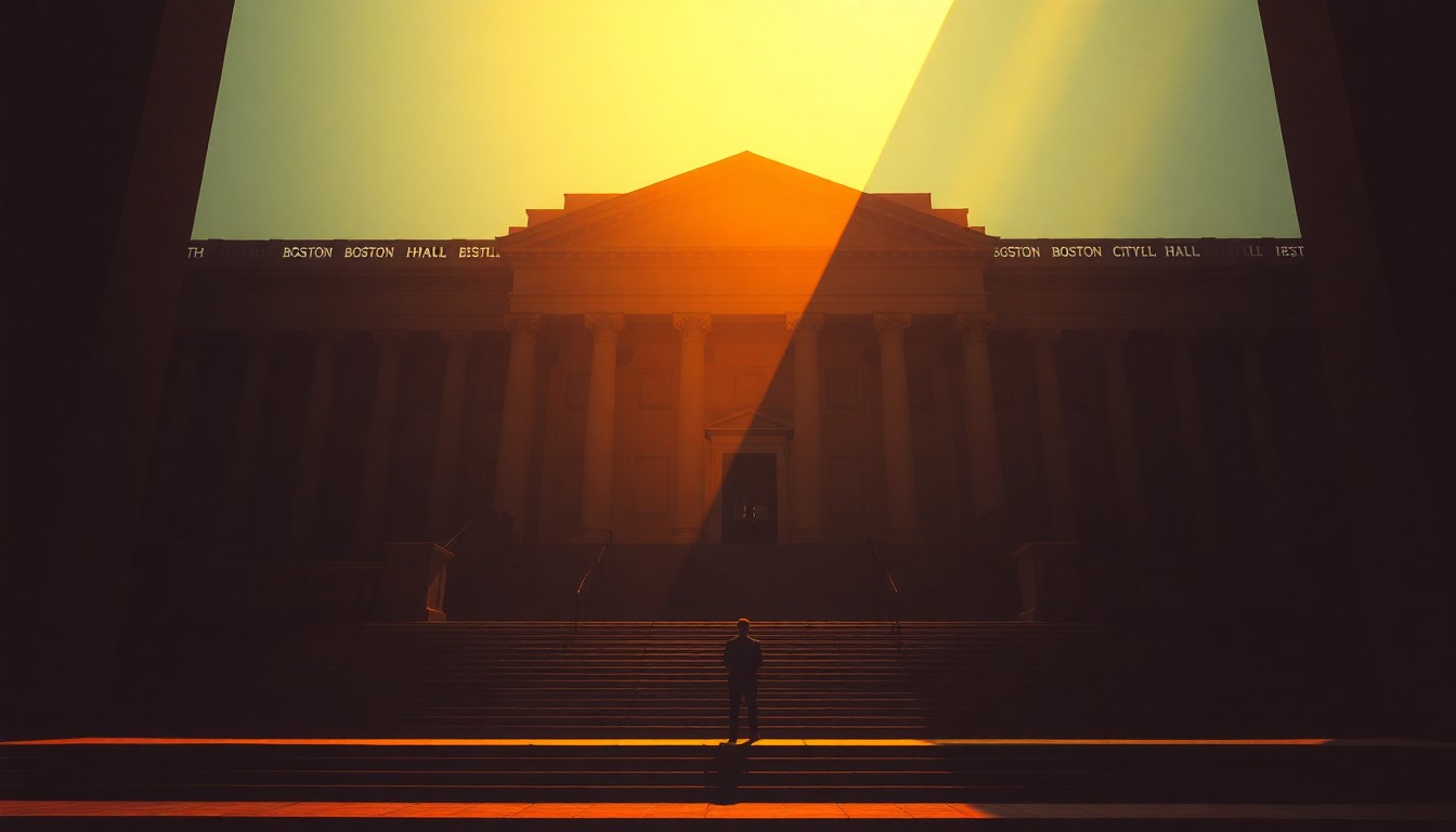 A cinematic painting of the Boston City Hall building in warm, golden light, with a lone figure standing on the steps, conveying a sense of political tension and uncertainty over the city's transportation future.