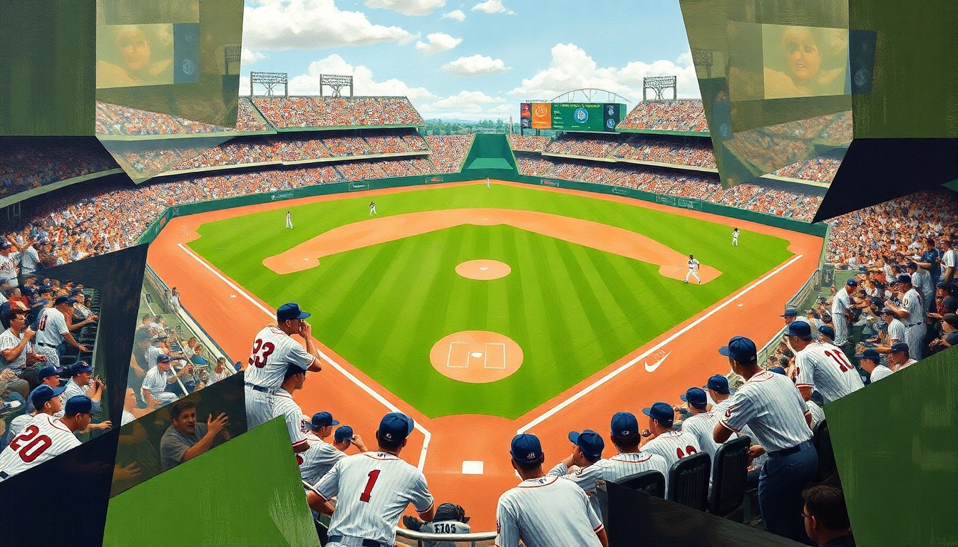 A cubist, geometric painting depicting a baseball game broken down into overlapping planes of green, white, and red, conceptually representing the Brewers' adaptable offensive approach.