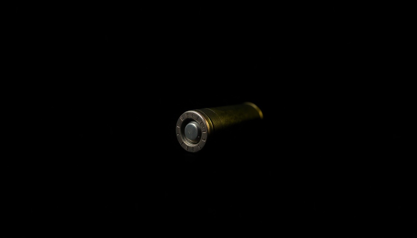 An extreme close-up photograph of a single spent bullet casing against a pitch-black background, the textured metal surface and dramatic shadows creating a stark, gritty, investigative aesthetic.