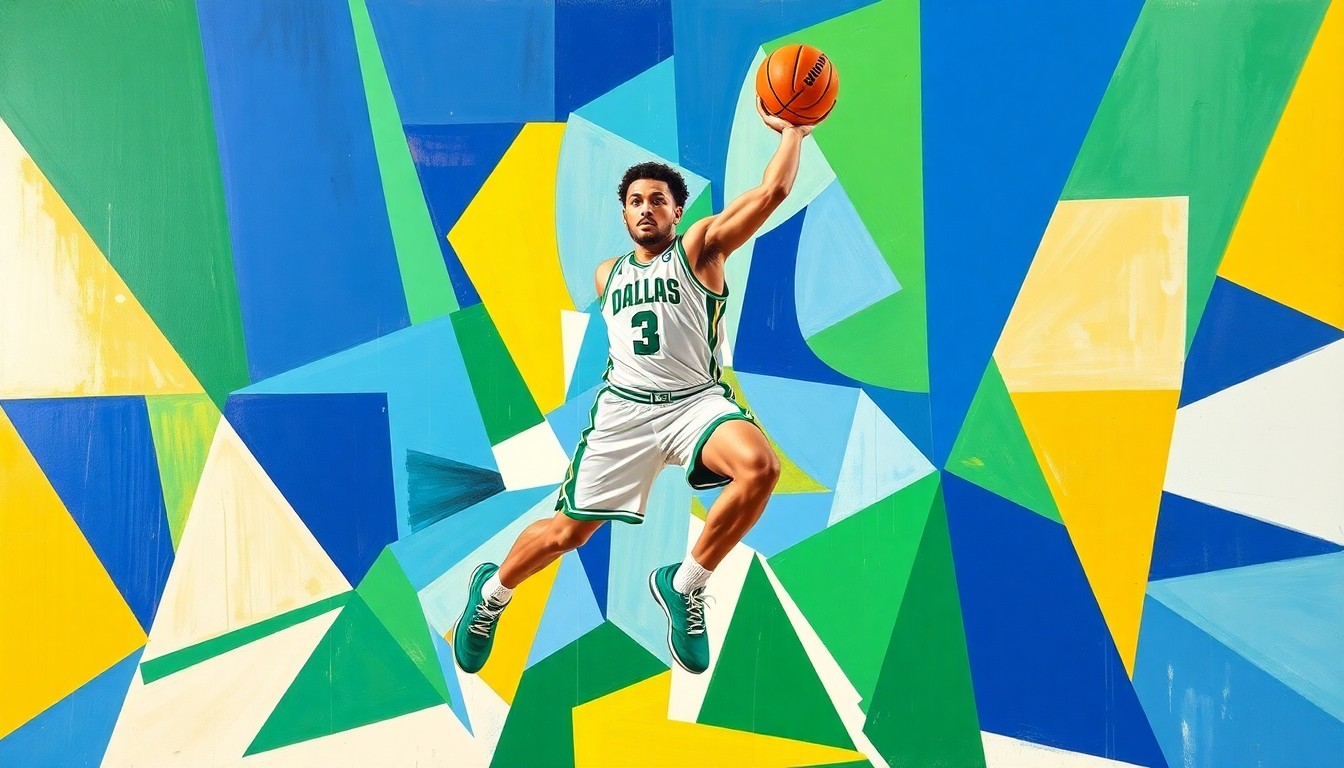 A cubist, geometric painting depicting the dynamic movements and skills of basketball player Azzi Fudd, rendered in the vibrant colors of the Dallas Wings team.