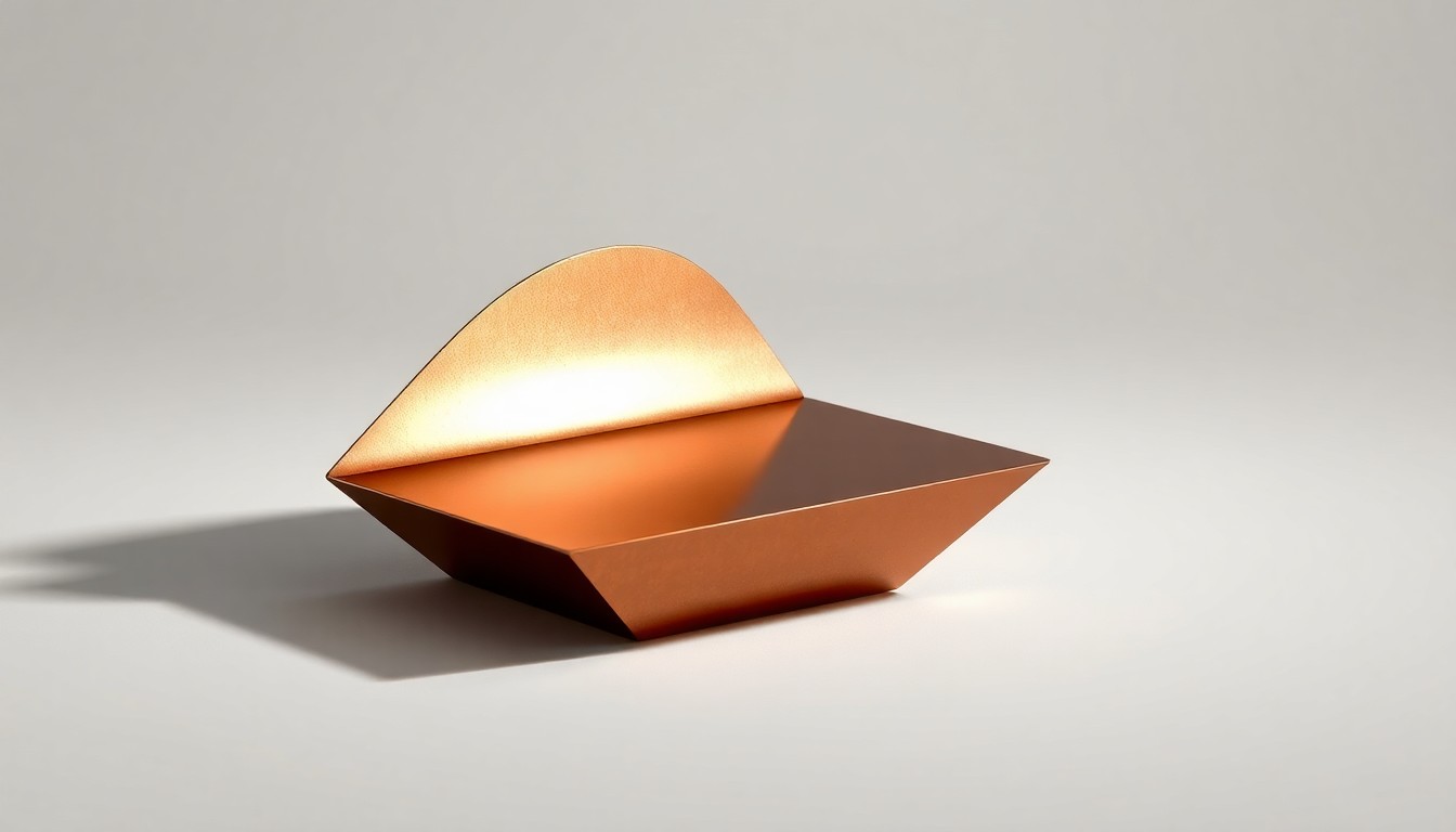 A close-up photograph of a polished, geometric metal desk sculpture in a warm copper tone, floating on a clean white background and dramatically lit from the side to highlight the premium materials and craftsmanship.