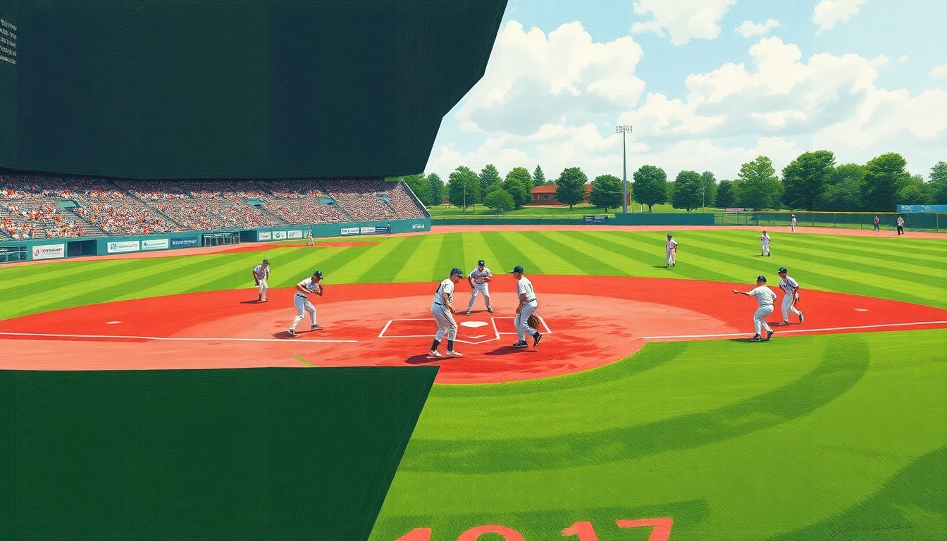 A cubist-style painting featuring overlapping geometric shapes and planes in shades of green, white, and red, representing the dynamic action of a high school baseball game without any identifiable players or teams.