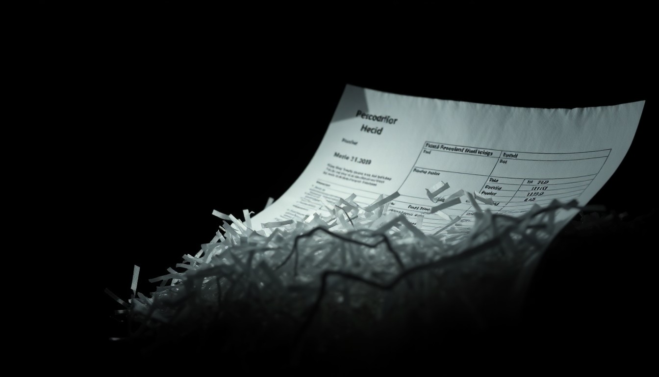 An extreme close-up of a shredded medical document or financial record, reflecting the harsh, sudden lighting of a camera flash, conceptually illustrating the severity of a healthcare fraud case.