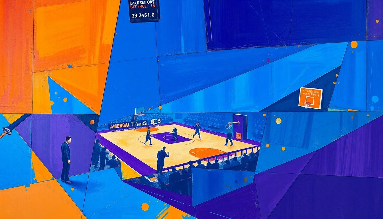 A fragmented, geometric painting depicting the complex operations of an NBA front office, with overlapping shapes and planes in bold, contrasting colors.