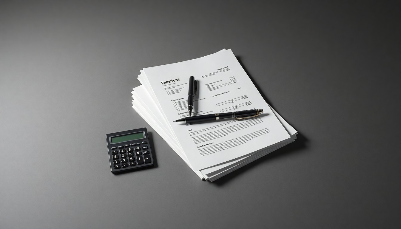 A minimalist, high-end studio still-life photograph featuring a stack of financial documents, a calculator, and a pen arranged elegantly on a clean, monochromatic background, conceptually representing the abstract concepts of corporate finance and strategy.