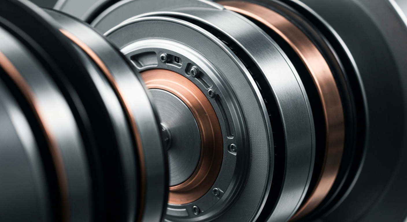 An extreme close-up of gears, levers, and other heavy industrial banking equipment, conveying the tangible, mechanical nature of financial infrastructure without using literal currency or charts.