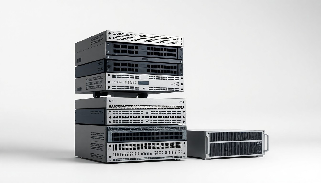 A high-end, photorealistic studio still-life photograph featuring a stack of sleek, metallic server racks and networking equipment arranged elegantly on a clean, monochromatic background, conceptually representing the abstract concepts of cloud computing and enterprise technology.
