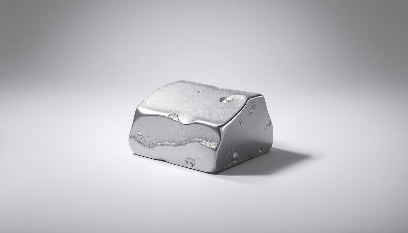 A highly detailed, photorealistic studio photograph of a polished aluminum ingot resting on a clean, monochromatic background, conveying the strength and importance of domestic aluminum production.