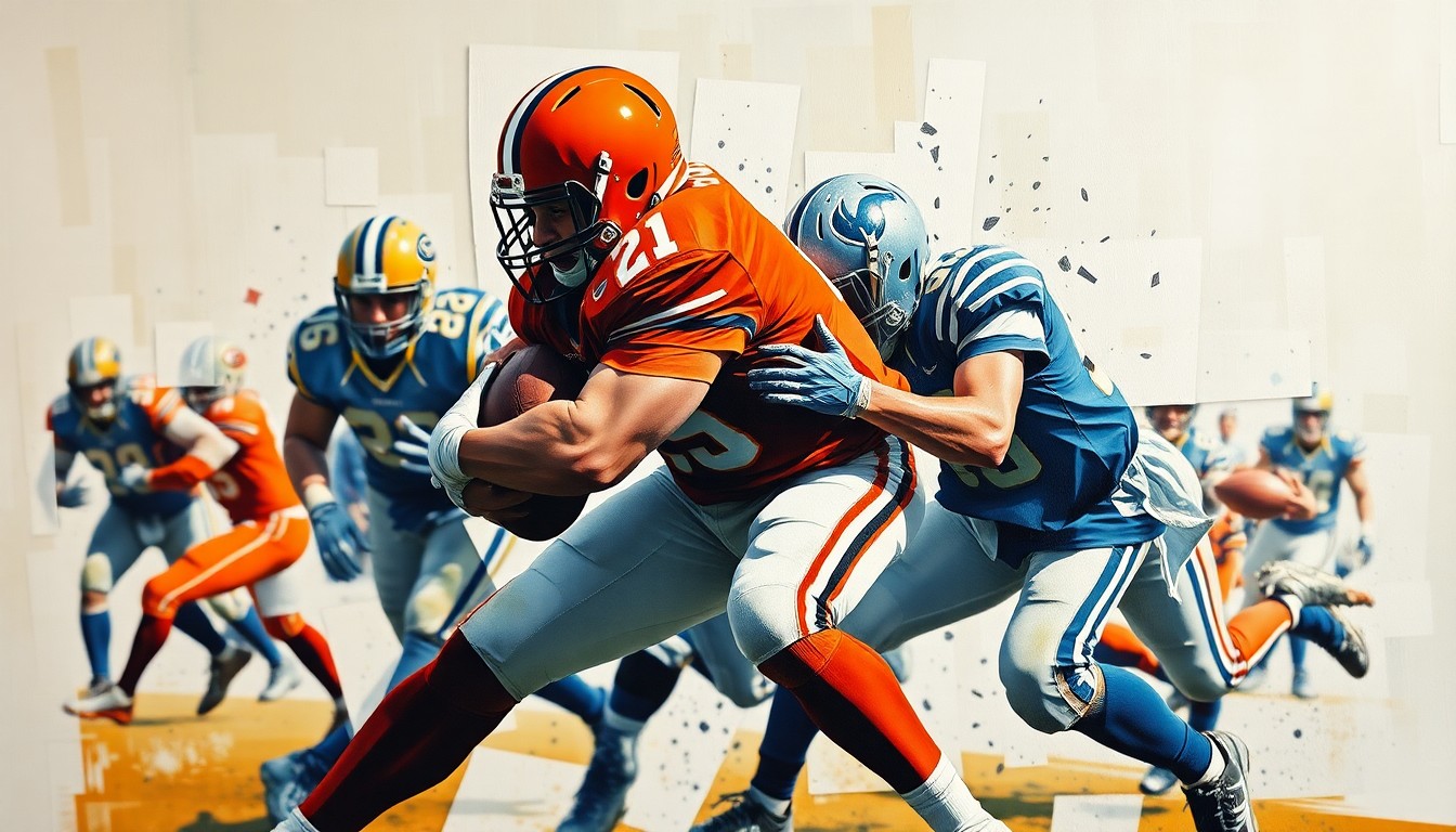 A fragmented, geometric painting depicting a football player making a tackle, with sharp planes of burnt orange, dark blue, and white representing the dynamic action of the sport.