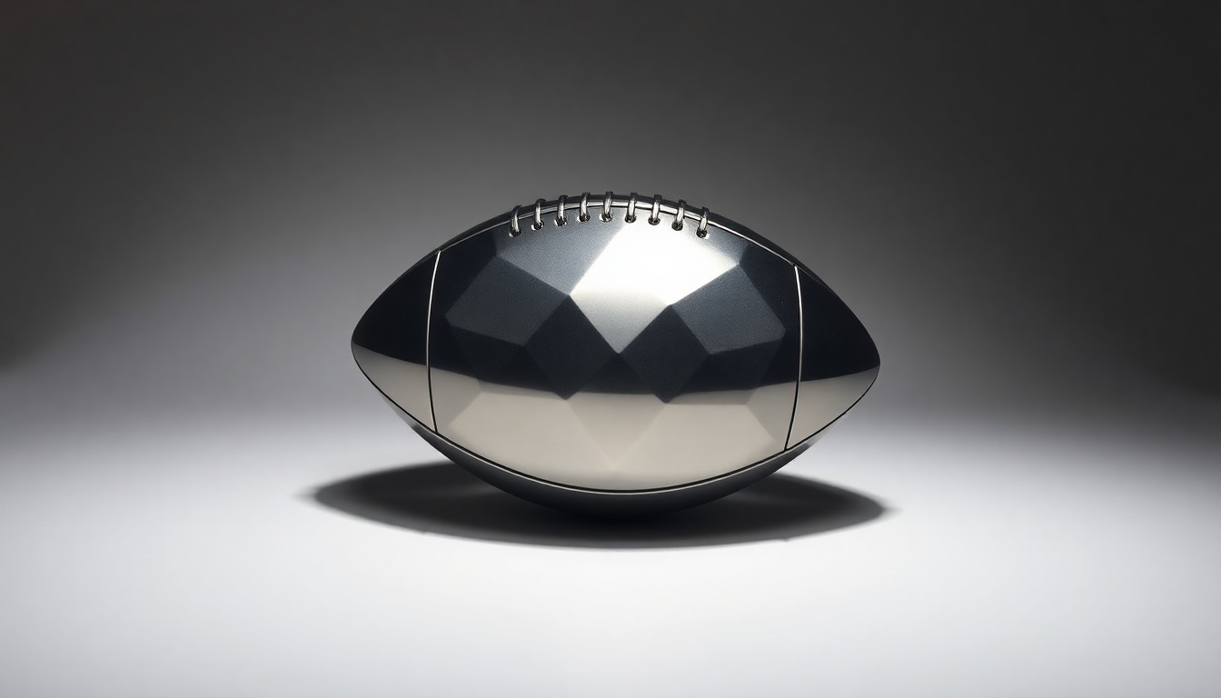A highly polished, geometric metal sculpture in the shape of a football, resting on a clean, monochromatic background and dramatically lit to create sharp shadows, conceptually representing the intersection of Peyton Manning's athletic legacy and his new culinary venture.
