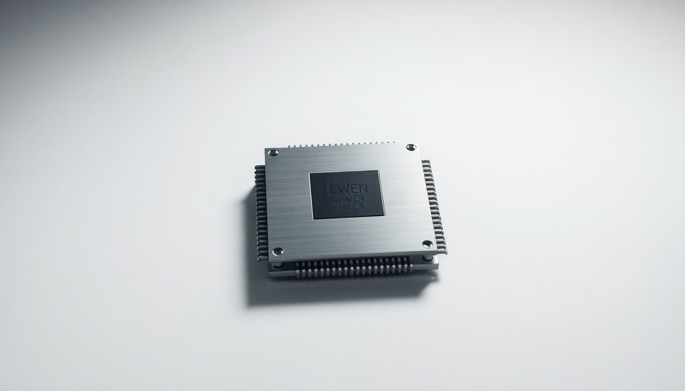 A highly detailed, photorealistic studio photograph of a polished, metallic semiconductor chip or power converter component, arranged elegantly on a clean, monochromatic background and dramatically lit to conceptually represent the technology and innovation driving the clean energy industry.