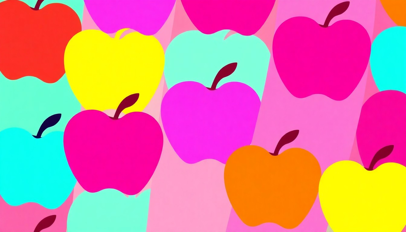 A bold, graphic illustration of a teacher's apple icon repeated in a grid pattern, using vibrant neon colors and high-contrast outlines to capture the energy and urgency of the upcoming teacher protest.