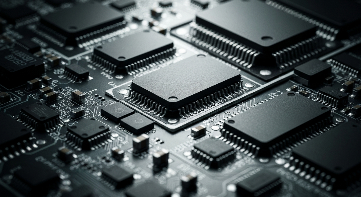 An extreme close-up photograph of the intricate circuitry and components that make up modern semiconductor devices, dramatically lit to emphasize the complexity and precision of the electronics industry.