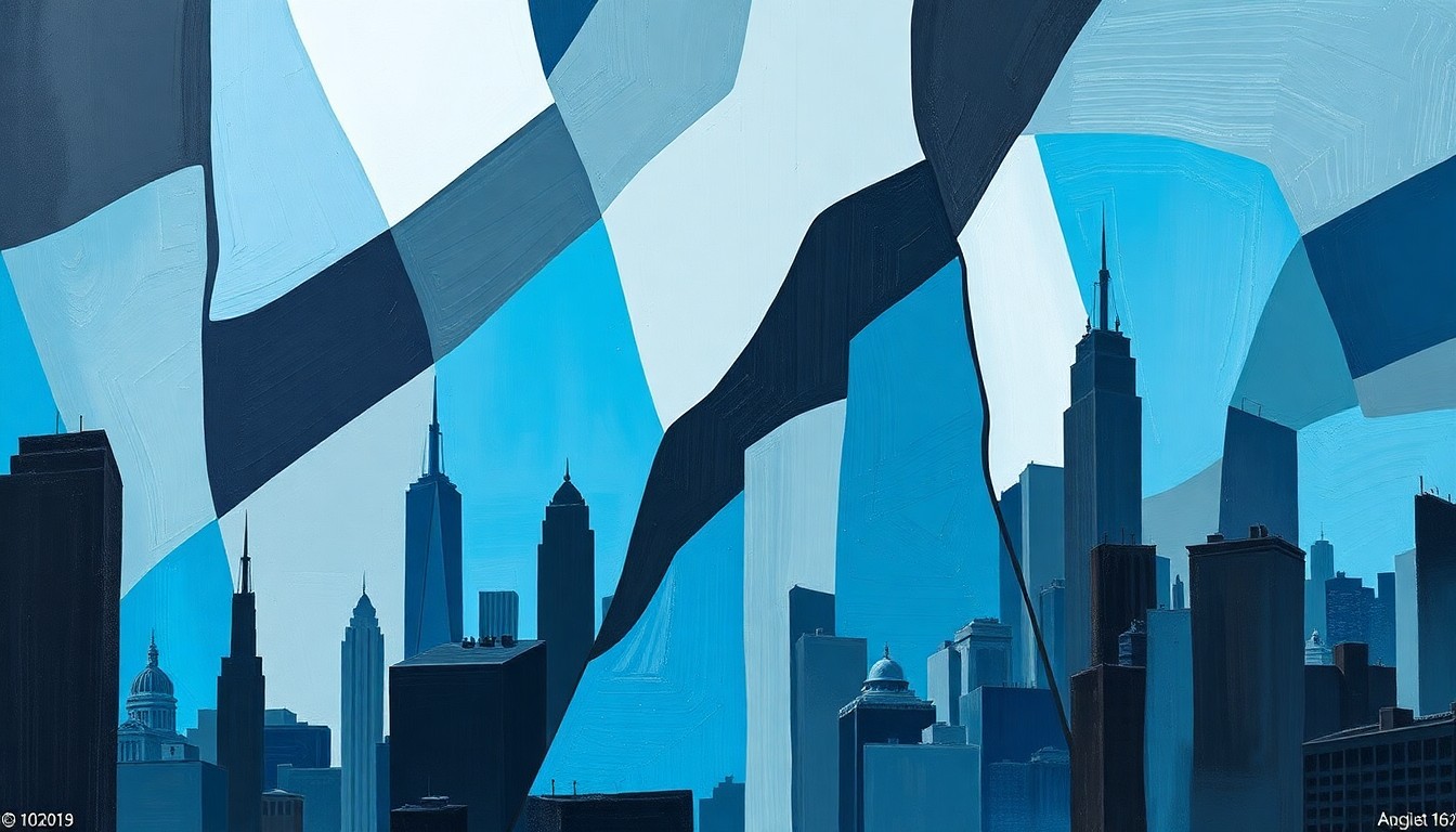 A vibrant, abstract painting with overlapping, geometric shapes in shades of blue, grey, and black, conveying the fractured and dynamic nature of the political debate around May Day plans for Chicago's public schools.