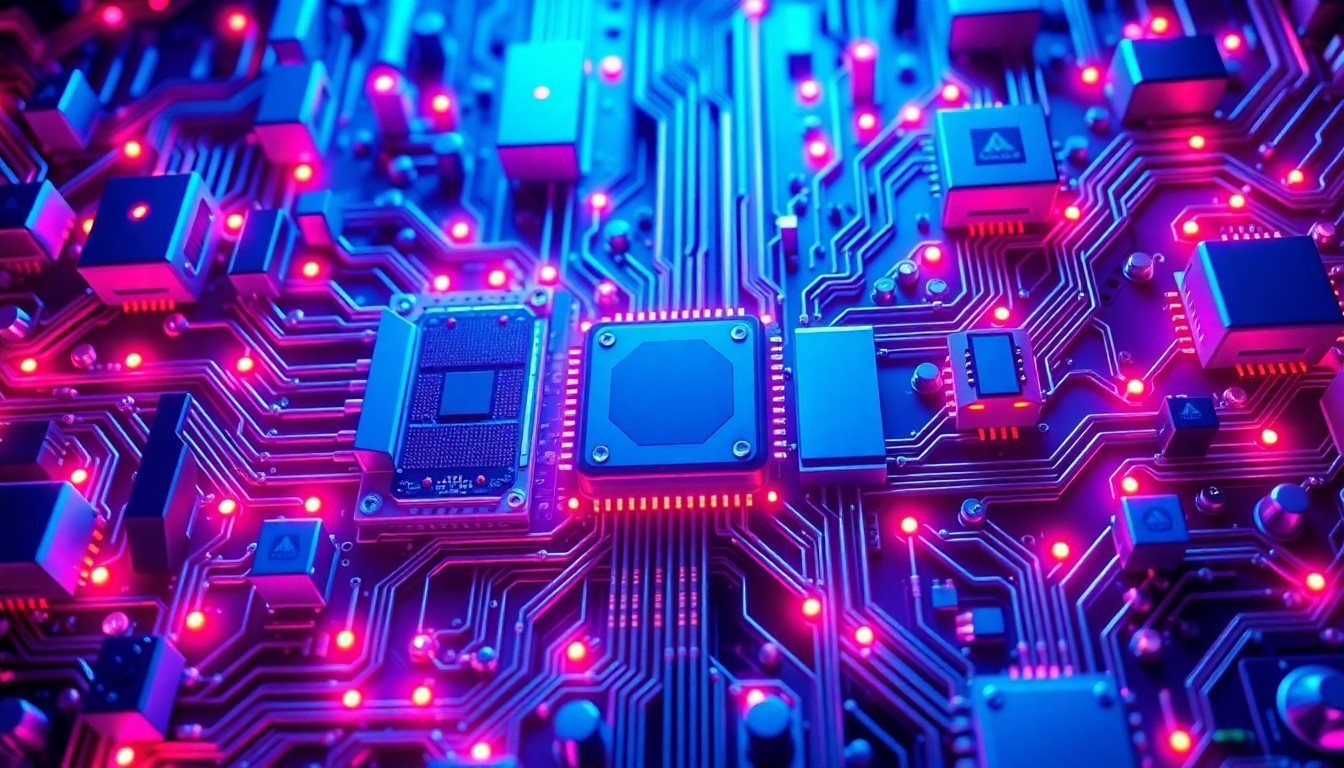 A highly detailed, glowing 3D illustration of a complex network of interconnected cybernetic hardware components in shades of neon blue, purple, and orange, conceptually representing the advanced technology powering the software development lifecycle.