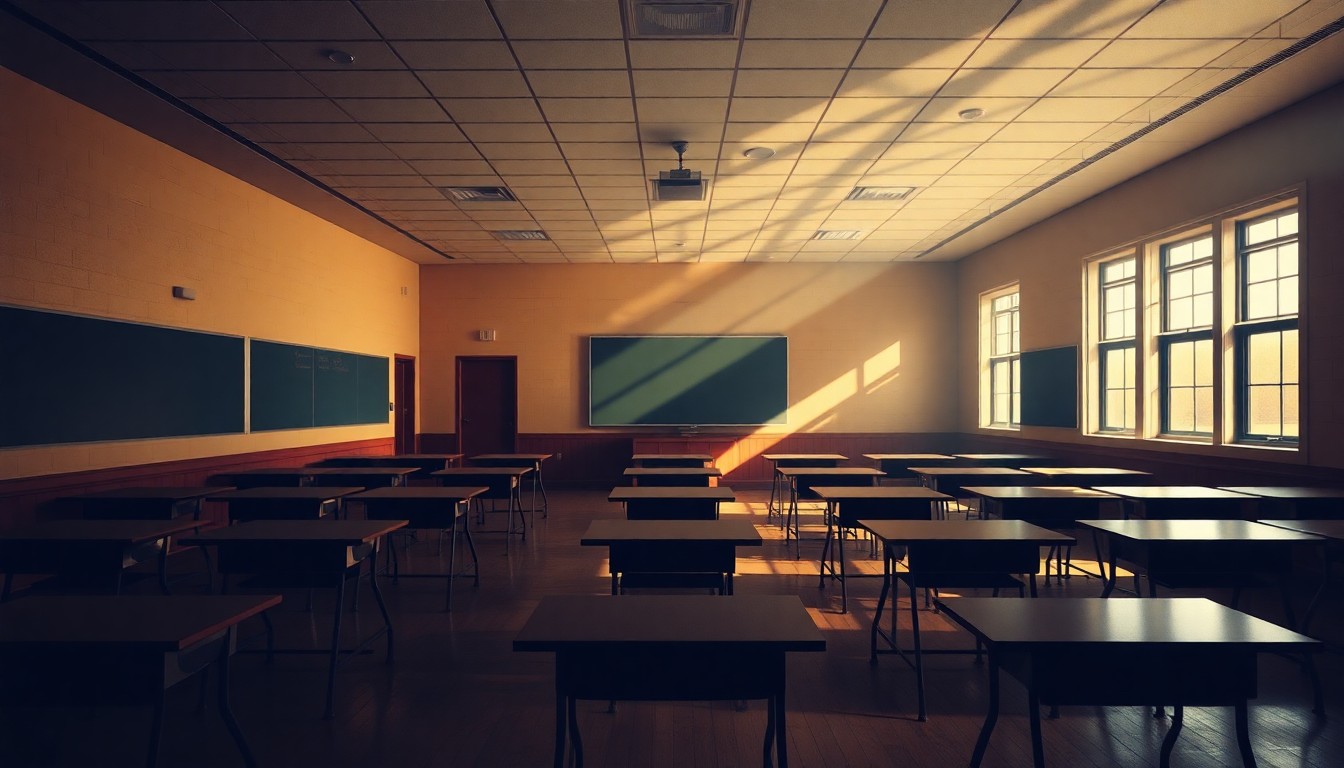 A quiet, cinematic painting of an empty classroom in a state college building, with warm sunlight streaming through the windows and deep shadows across the desks, conveying a sense of melancholy and uncertainty about the future of educational opportunities.