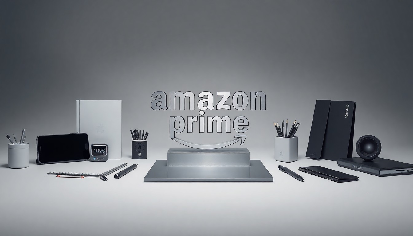 A minimalist, photorealistic studio still life featuring a metallic Amazon Prime logo sculpture surrounded by premium office supplies and technology accessories in a monochromatic grey color palette, conveying the company's corporate strategy and market dominance.